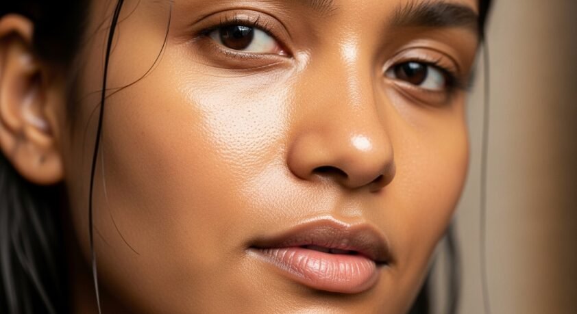 Healthy glowing melanin-rich skin showcasing an even complexion and natural radiance after a gentle skincare routine