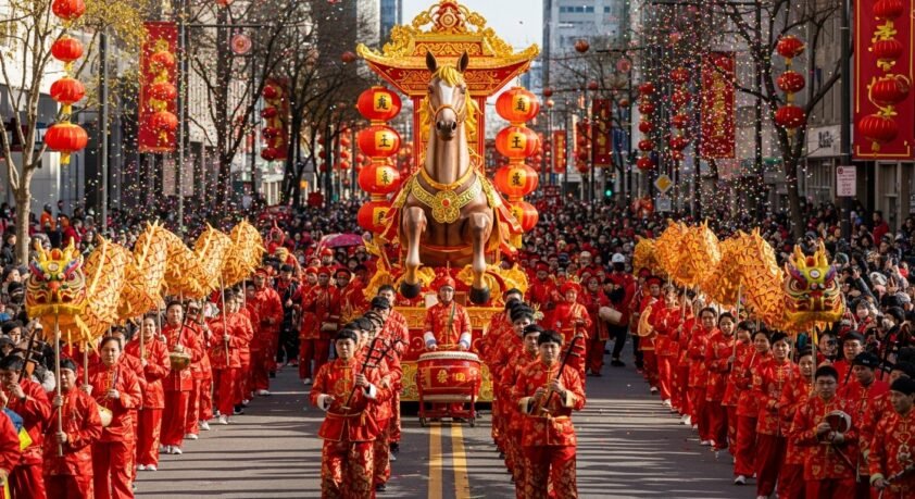 People celebrating Chinese New Year 2026 wearing red and gold outfits inspired by the Year of the Horse during a city street parade