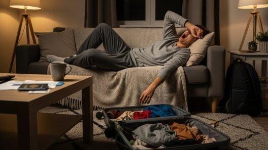 Person relaxing at home after holiday travel with suitcase nearby