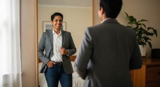 Person standing in front of a mirror wearing a blazer and smiling, reflecting on confidence and personal style