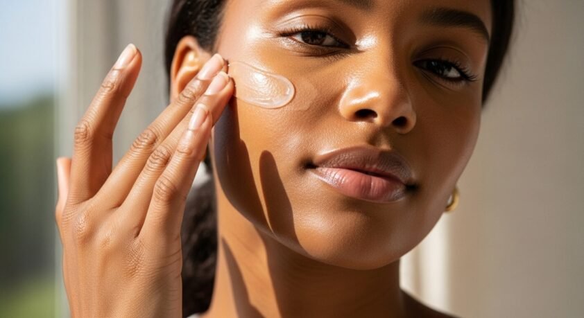 Person applying invisible sunscreen on dark skin with no white cast and a natural glowing finish