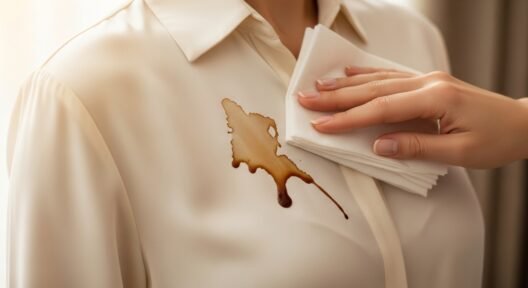Coffee spill on a cream silk blouse being gently blotted during a morning fashion emergency