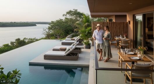 Scenic eco-friendly travel destination showcasing nature, sustainability, and luxury tourism