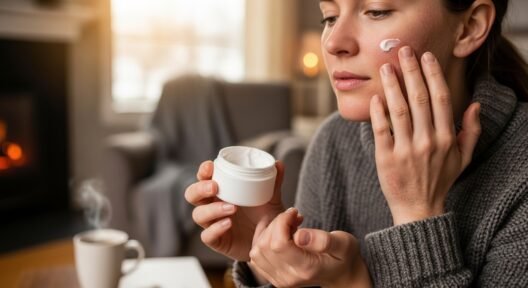 Person applying moisturizer to dry winter skin in a cozy indoor setting