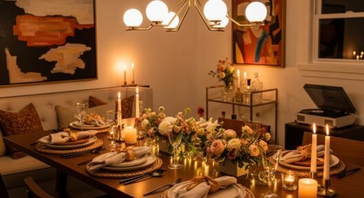 Elegant intimate dinner party setup with warm lighting, curated tableware, and stylish home decor in 2026