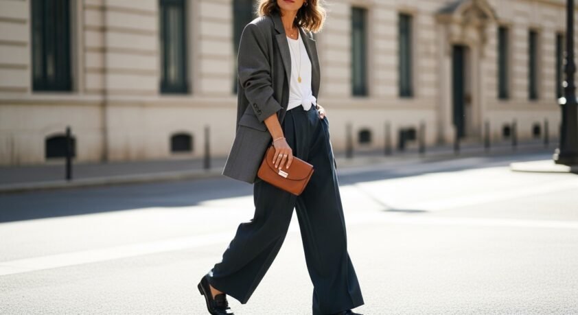 Woman in wide-leg trousers, oversized blazer and loafers embodying the effortless chic nonchalant aesthetics