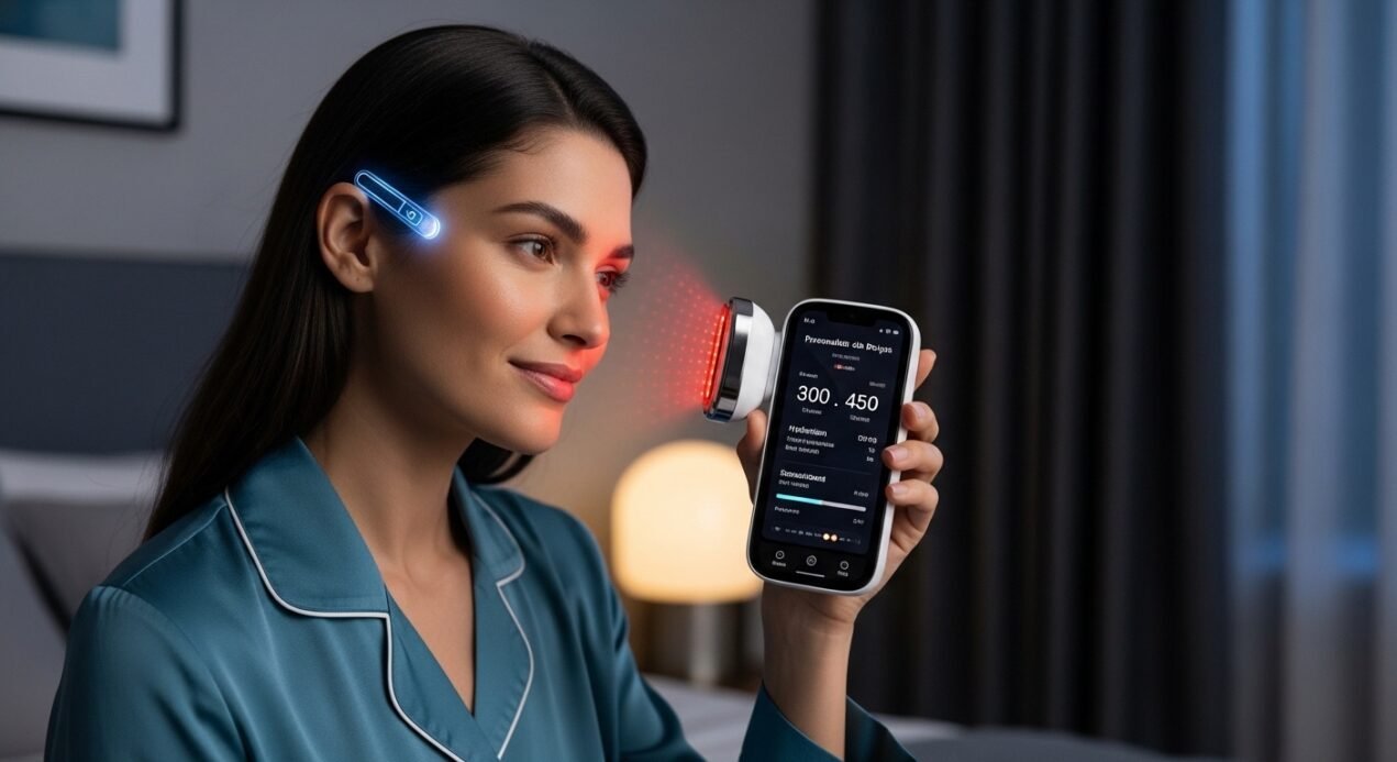 A woman using AI-powered skincare and sleep tracking technology for her nighttime self-care routine in 2026