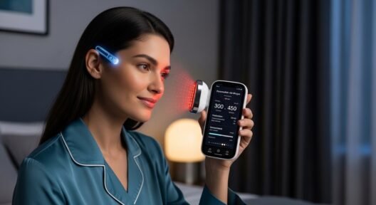 A woman using AI-powered skincare and sleep tracking technology for her nighttime self-care routine in 2026