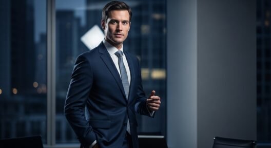 Well-dressed man in a fitted navy suit representing the psychology of successful male dressing and authority