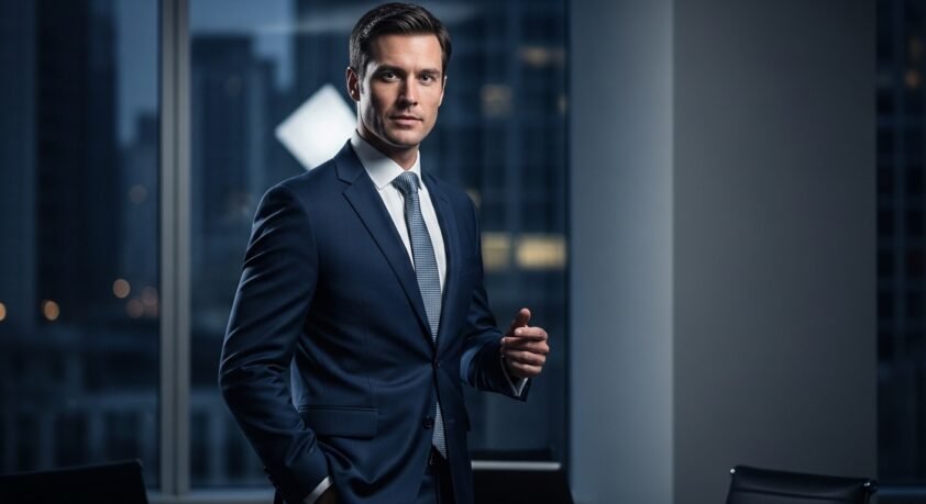 Well-dressed man in a fitted navy suit representing the psychology of successful male dressing and authority