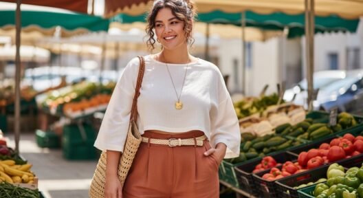 Curvy woman wearing high-waisted linen trousers and cropped boxy shirt — breathable summer outfit for curvy body types