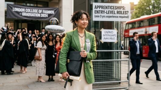 Fashion design graduate holding her portfolio after art school — facing the qualification paradox between education and industry entry
