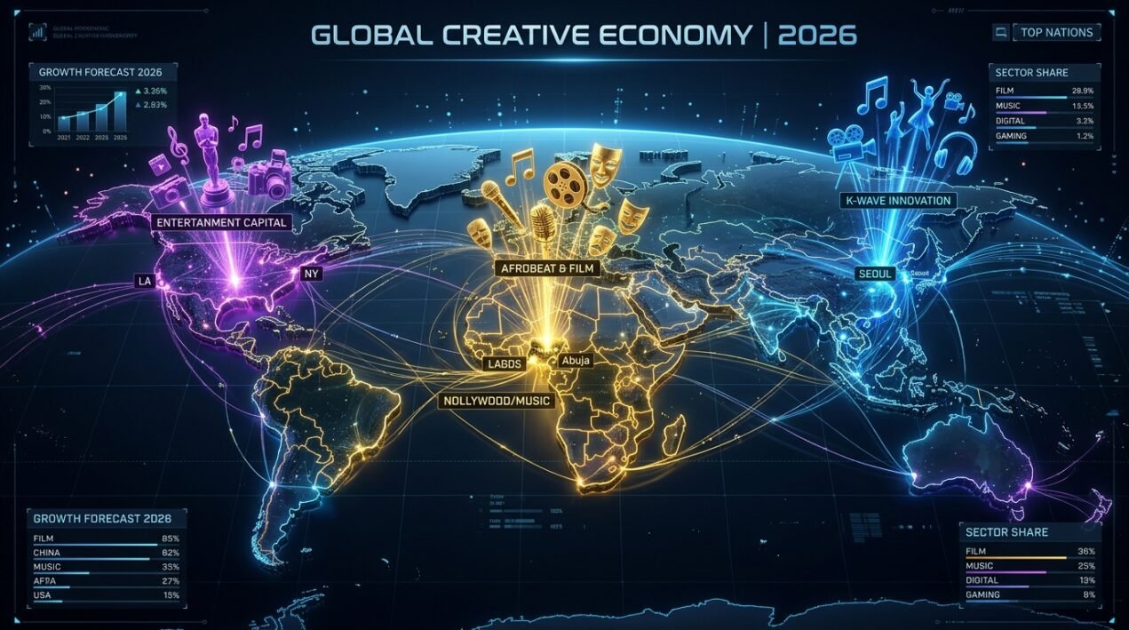 Creative economy global map showing 2 trillion dollar value and fastest-growing sectors across the world in 2026