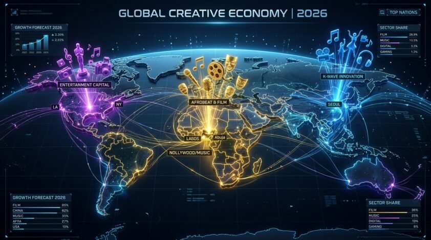Creative economy global map showing 2 trillion dollar value and fastest-growing sectors across the world in 2026