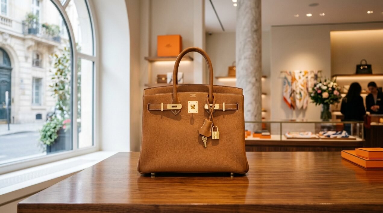 Luxury scarcity in action — a Hermès Birkin requiring 40 hours of handcraftsmanship and years on a waiting list