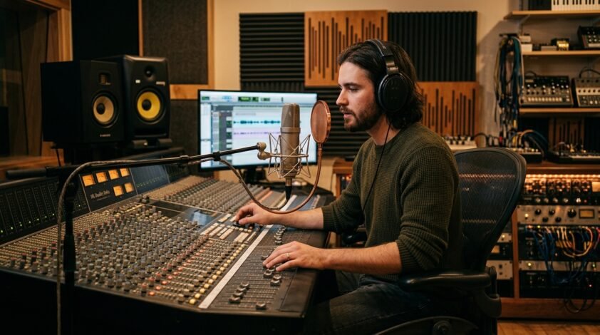 Creative work value — musician recording in a studio whose streaming earnings may not reflect the true value of their labour