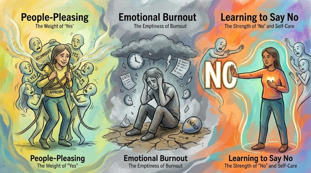Illustration representing people-pleasing, emotional burnout and learning to say no