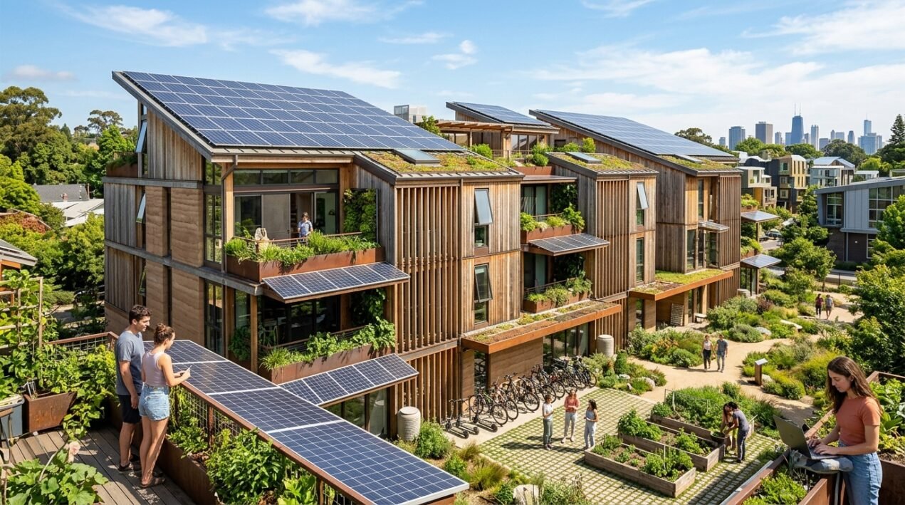 Next generation architecture — sustainable building with solar panels natural materials and passive design strategies for Gen Z and Millennial buyers