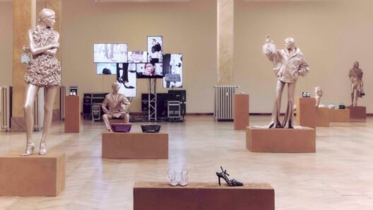 Golden life-sized figures at the Jimmy Choo Spring 2027 presentation during Milan Fashion Week