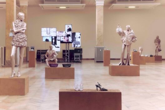 Golden life-sized figures at the Jimmy Choo Spring 2027 presentation during Milan Fashion Week